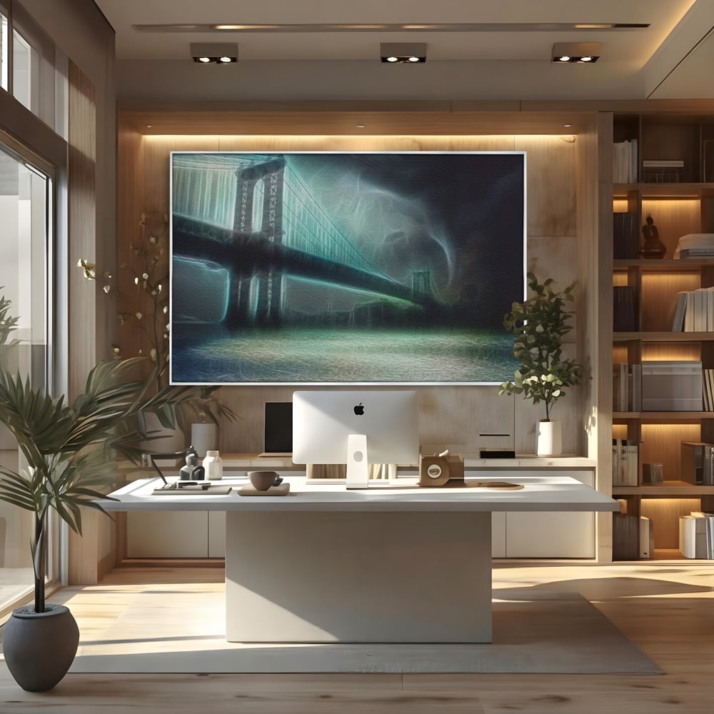 Tablou canvas cu tablou canvas cu pod suspendat pe furtuna, in rama de aluminiu argintiu, pe perete intr-un birou